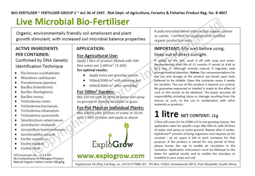 ExploGrow Organic Label Active Ingredients Confirmed By Dna Genetic Identification Technique  Cfu Count Per Ml 5 7 X 10 To The Power Of 9 Copyright